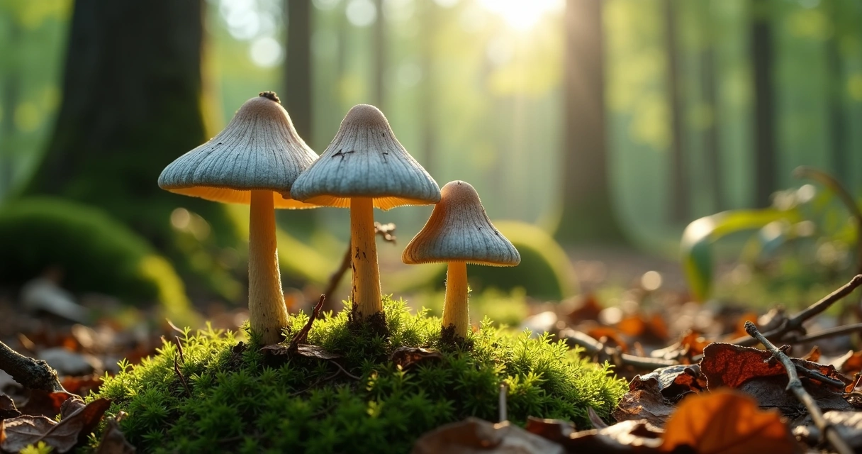 Cogumelos mágicos naturais crescendo em ambiente de floresta detalhado