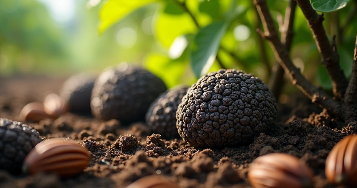 Trufas brasileiras frescas sobre terra úmida próximas às raízes de nogueira no pomar