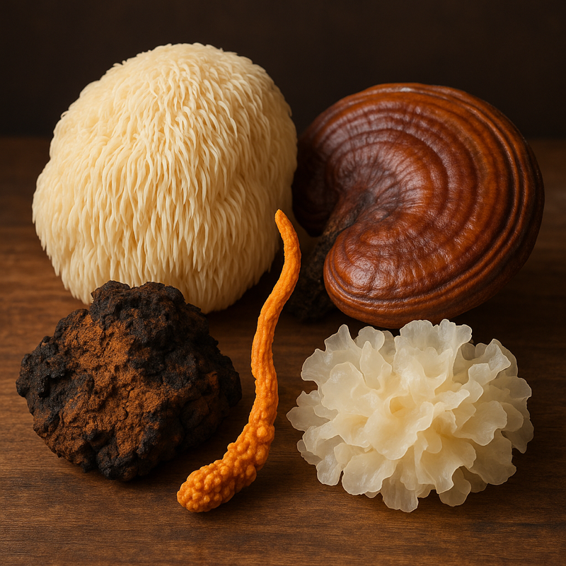Cogumelos funcionais Juba de Leão Chaga Reishi Cordyceps e Tremella