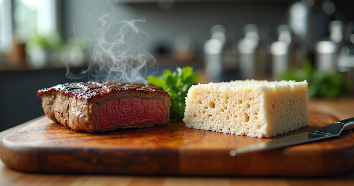 Comparação visual entre bife de carne e bloco de micélio como proteína vegana alternativa