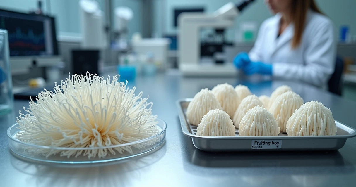 Comparação entre micélio e corpo de frutificação de cogumelo Lion’s Mane em ambiente de laboratório