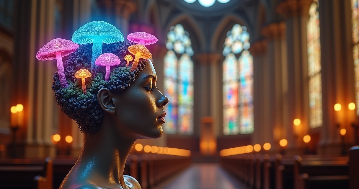 Ilustração de um rosto com cogumelos psicodélicos diante de vitral de igreja
